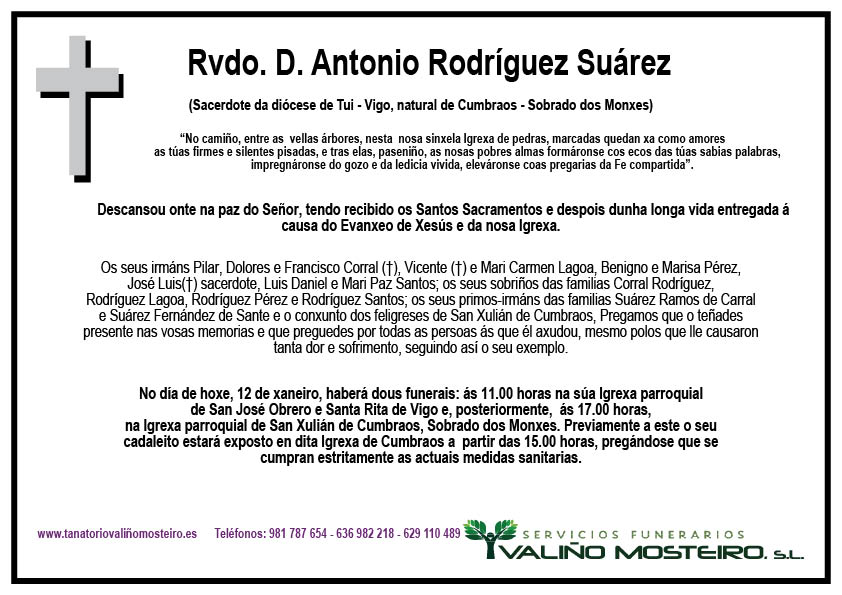 Esquela de Antonio Rodríguez Suárez.